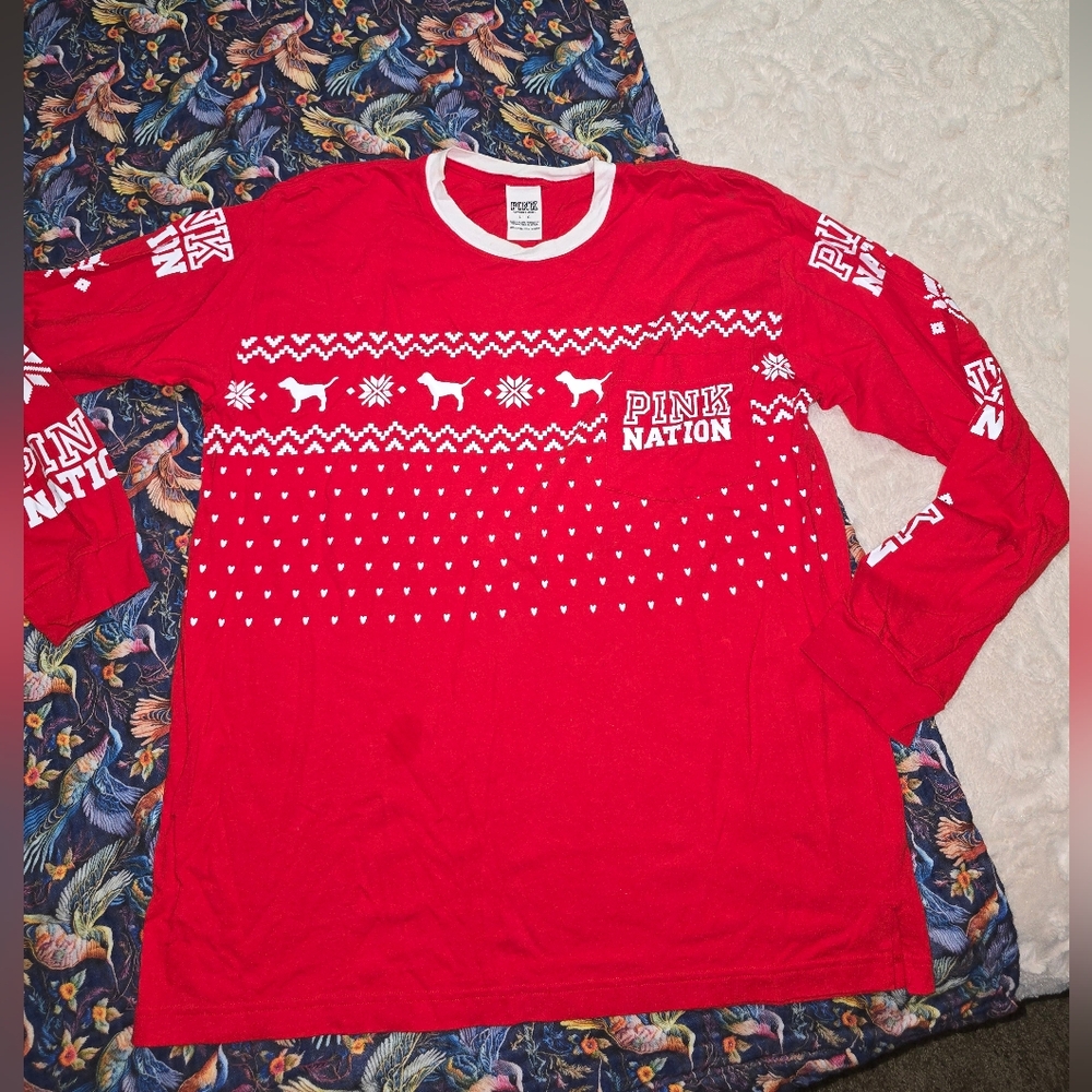 PINK Victoria's Secret Red Festive Long Sleeve Tee